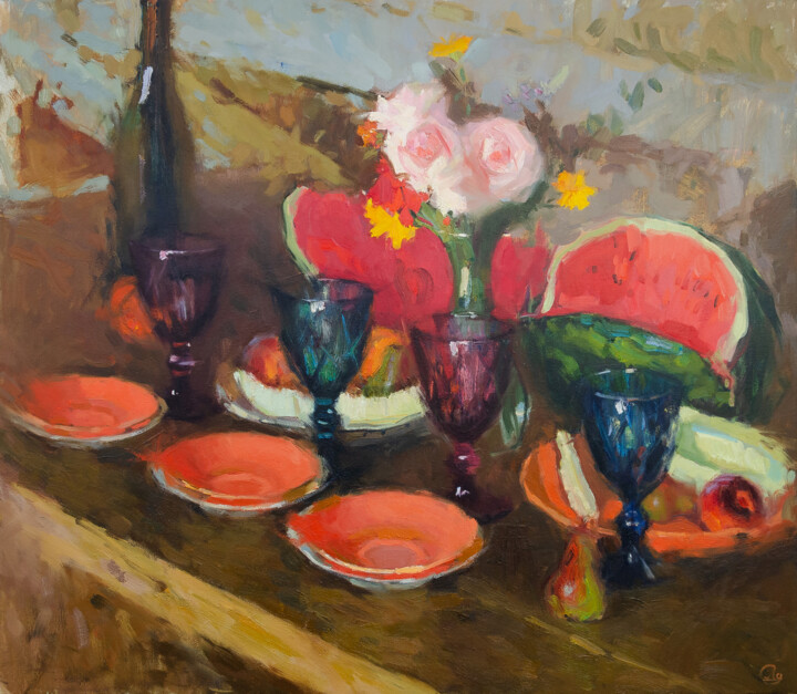 Painting titled "Before dinner" by Darya Salakhova, Original Artwork, Oil Mounted on Wood Stretcher frame