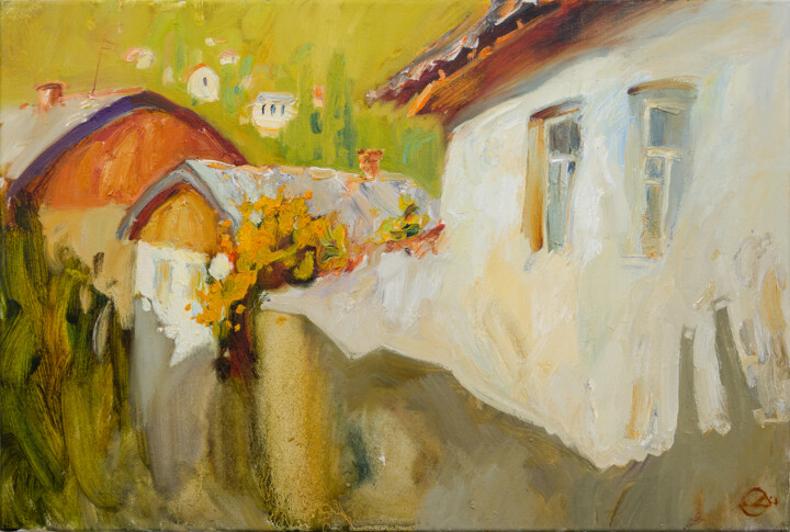 Painting titled "Sunset light 2" by Darya Salakhova, Original Artwork, Oil Mounted on Wood Stretcher frame