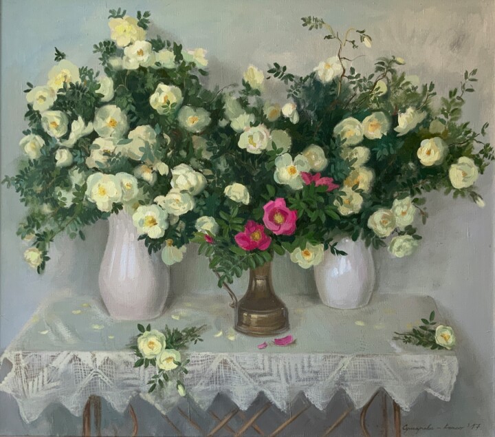 Peinture intitulée "« White rose, wild…" par Darya Sumarava- Kopach, Œuvre d'art originale, Huile Monté sur Châssis en bois