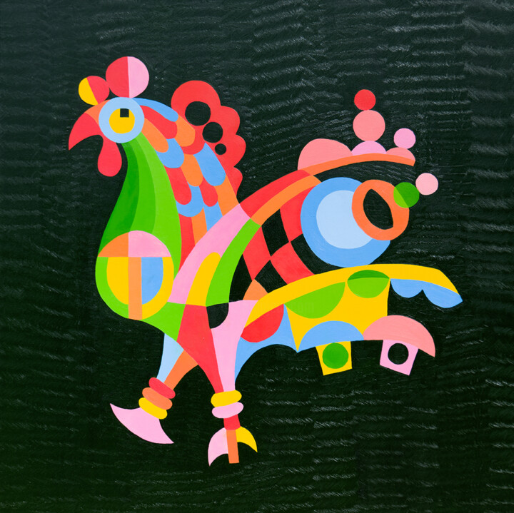 Painting titled "Rooster" by Darya Yerameyeva, Original Artwork, Oil Mounted on Wood Stretcher frame