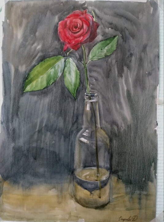 Painting titled "Красная роза" by Dasha Art Color, Original Artwork, Watercolor