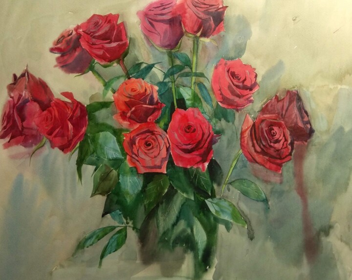 Painting titled "Розы" by Dasha Art Color, Original Artwork, Watercolor
