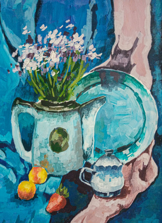 Painting titled "Blue still life" by Daria Gyrel, Original Artwork, Gouache