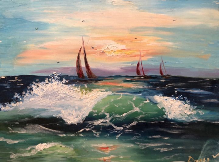 Painting titled "Sea at sunset.Oil p…" by Art Lemon, Original Artwork, Oil