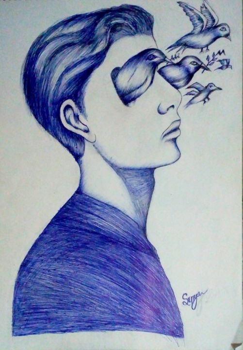 Drawing titled "Flaying Birds" by Surya Das, Original Artwork, Ballpoint pen