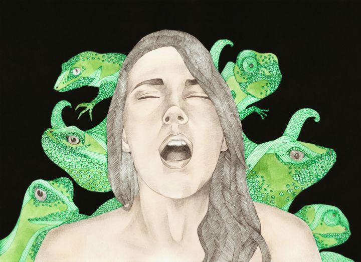 Картина под названием "BlissFace / lizards" - Dato Simonia, Подлинное произведение искусства, Чернила