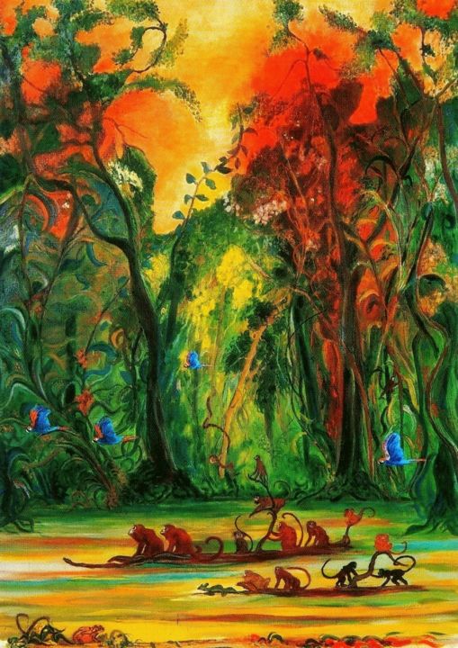 Peinture intitulée "Pirogue sur l'Amazo…" par Dauphine De Valence, Œuvre d'art originale