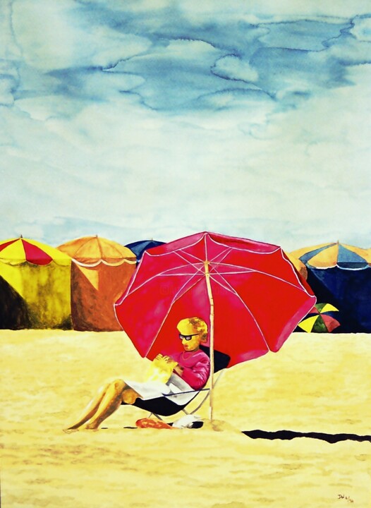 Painting titled "beach-46x60cm-aqua-…" by Dave Wang (hauthomme), Original Artwork