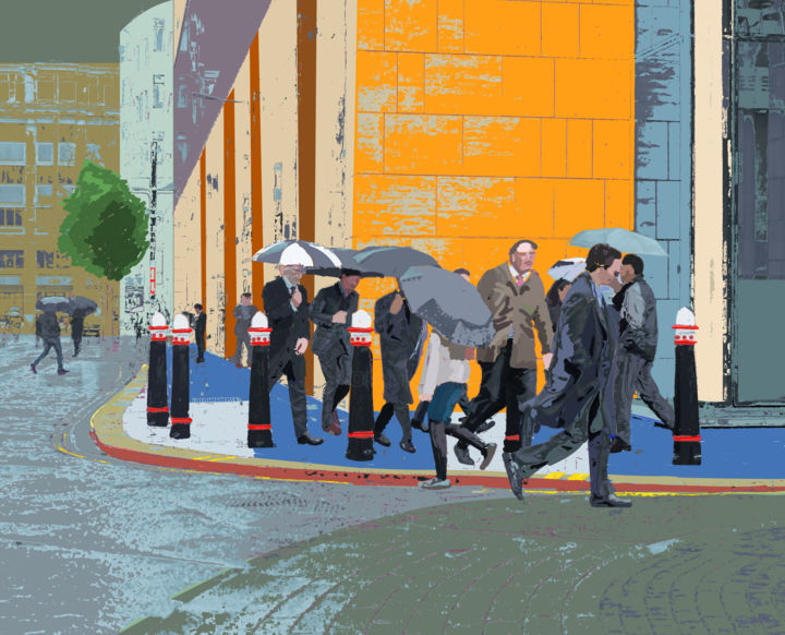 Digital Arts titled "Umbrellas in the Ci…" by Dave Collier (Collimost), Original Artwork, Digital Painting