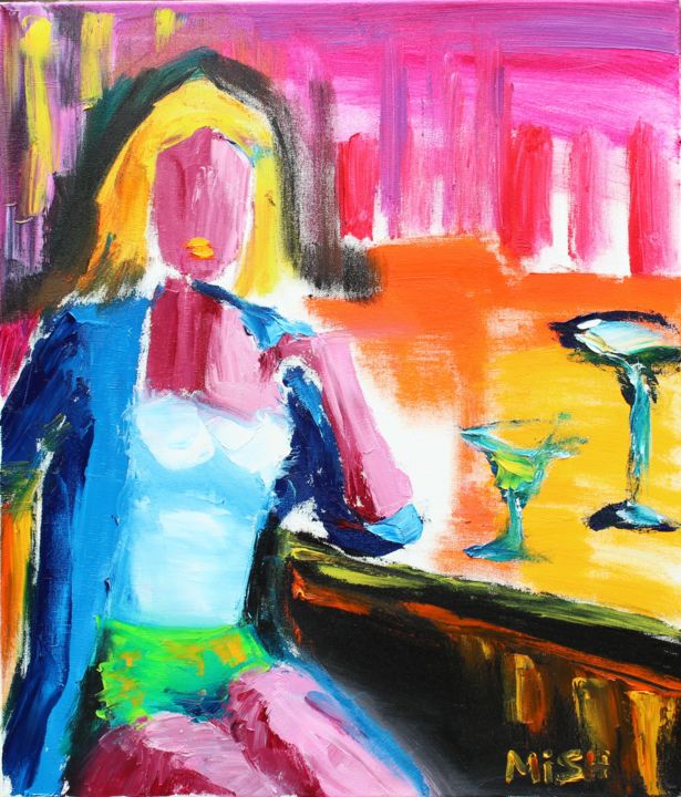 Painting titled "Girl at the Bar" by Mikhail (Mish) Yevdakov, Original Artwork, Oil