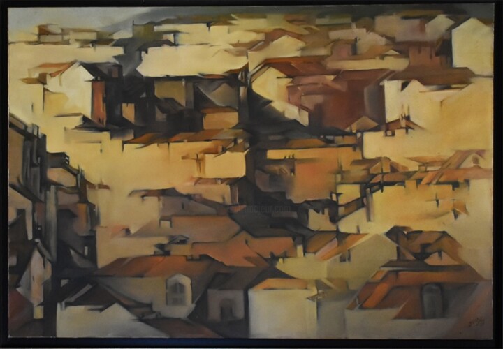 Schilderij getiteld "Casario" door David Cipriano Alves, Origineel Kunstwerk, Olie Gemonteerd op Frame voor houten brancard