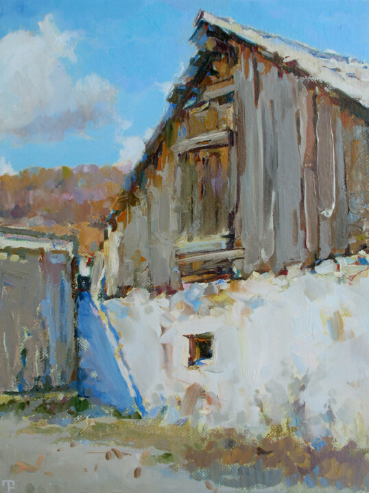 Painting titled "Village Hut" by David Beglaryan, Original Artwork, Oil Mounted on Wood Stretcher frame