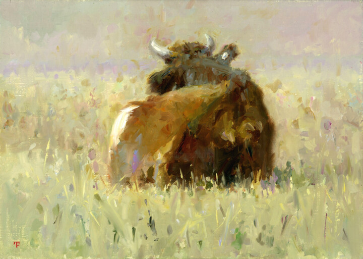 Painting titled "Red Cow." by David Beglaryan, Original Artwork, Oil Mounted on Wood Stretcher frame