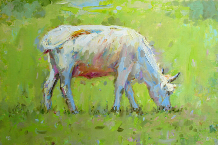 Painting titled "White Cow." by David Beglaryan, Original Artwork, Oil Mounted on Wood Stretcher frame