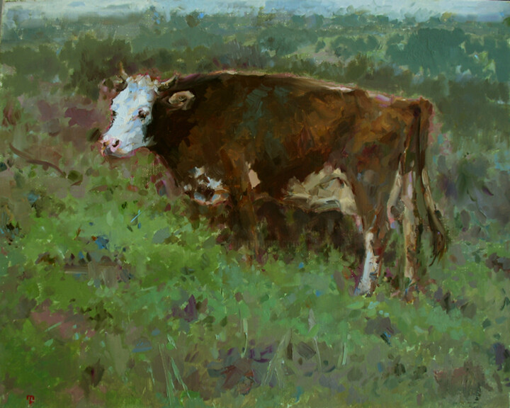 Painting titled "Cow with white head" by David Beglaryan, Original Artwork, Oil Mounted on Wood Stretcher frame