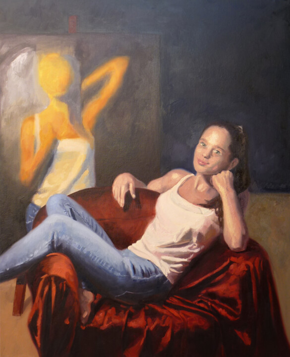 Painting titled "Julia" by David Benayoun, Original Artwork, Oil Mounted on Wood Stretcher frame