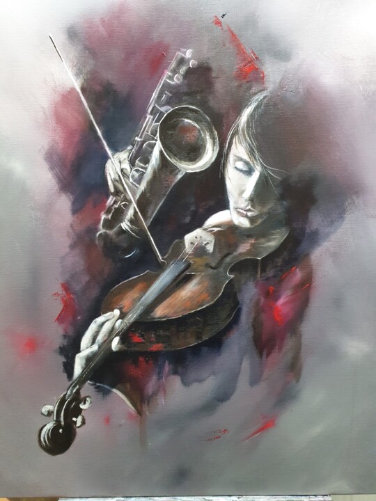 Painting titled "Requiem pour saxo" by David Bequet, Original Artwork, Oil Mounted on Wood Stretcher frame