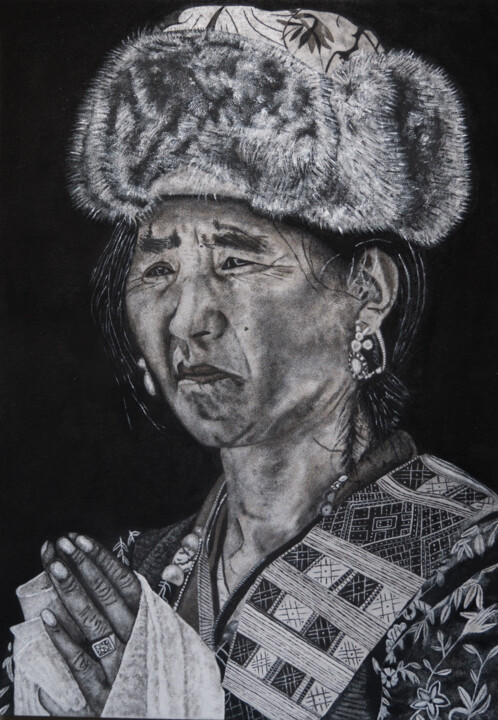 Painting titled "Femme du Ladakh - S…" by David Cadran, Original Artwork, Acrylic