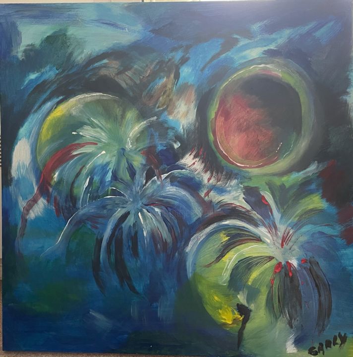 Schilderij getiteld "tropical moonlight" door Frederique Carly, Origineel Kunstwerk, Gouache
