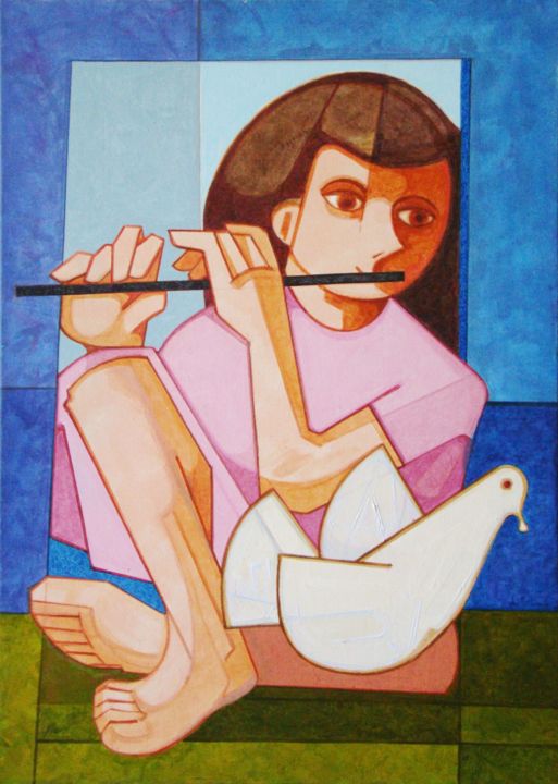 Schilderij getiteld "menina-flautista.jpg" door David Da Costa, Origineel Kunstwerk