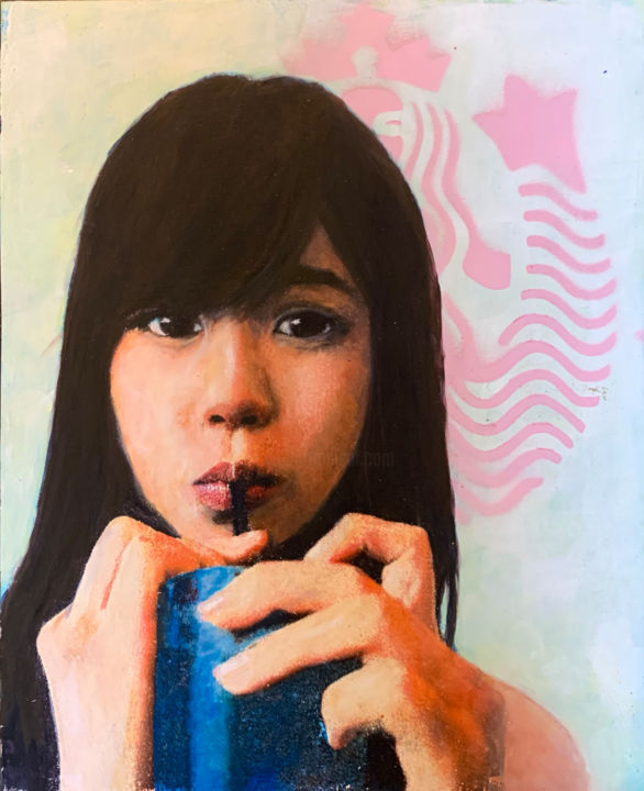Schilderij getiteld "Starbucks Fukuoka" door David Feyaerts, Origineel Kunstwerk, Acryl