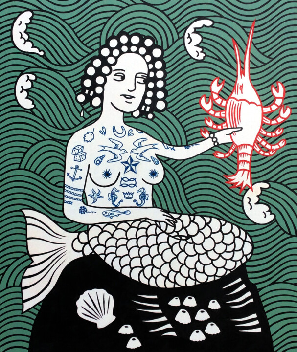 Malarstwo zatytułowany „Mermaid” autorstwa David Gander, Oryginalna praca, Akryl Zamontowany na Panel drewniany