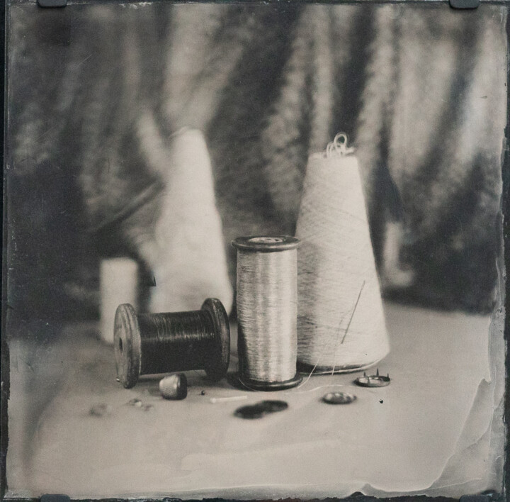 Photography titled "Spools of Thread -…" by David Heger, Original Artwork, Analog photography Mounted on Wood Panel