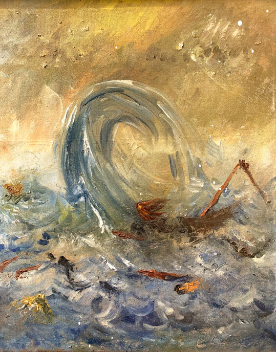 Pittura intitolato "Boat wreck on Lake…" da David Kayongo, Opera d'arte originale, Olio Montato su Telaio per barella in leg…