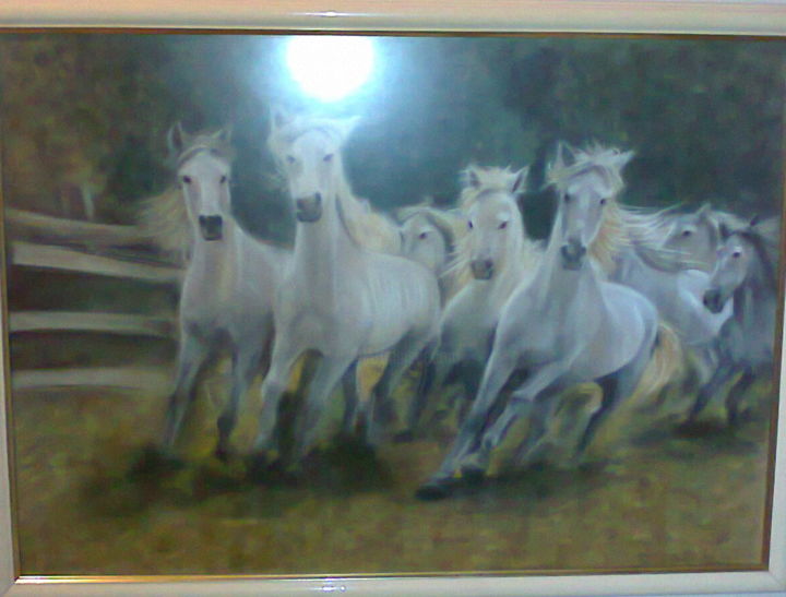Schilderij getiteld "Cavalos brancos" door David Neto, Origineel Kunstwerk, Pastel