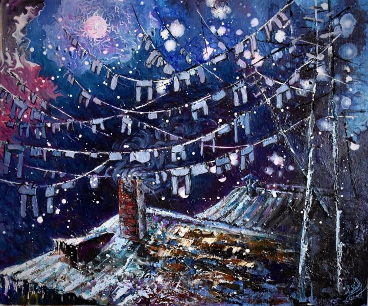 Schilderij getiteld "Night landscape" door David Sahakyan, Origineel Kunstwerk, Olie