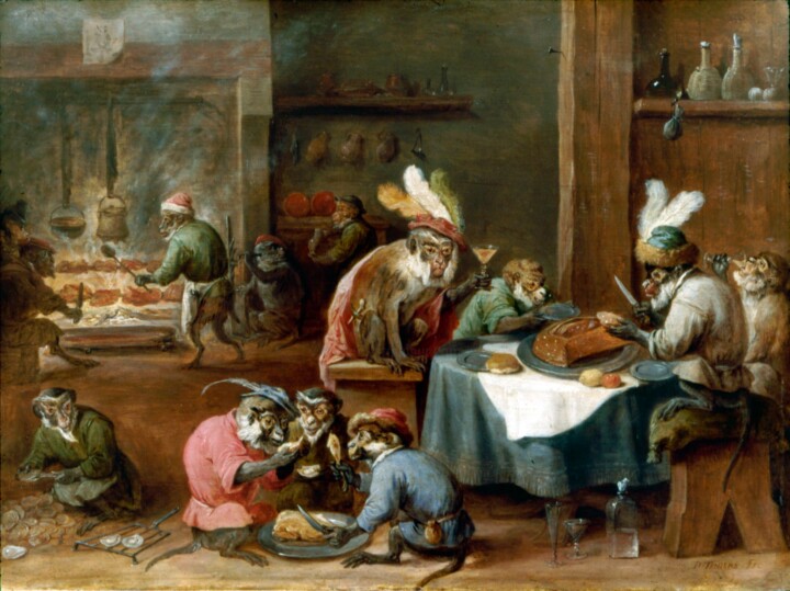 Schilderij getiteld "Singes prenant un r…" door David Teniers, Origineel Kunstwerk, Olie