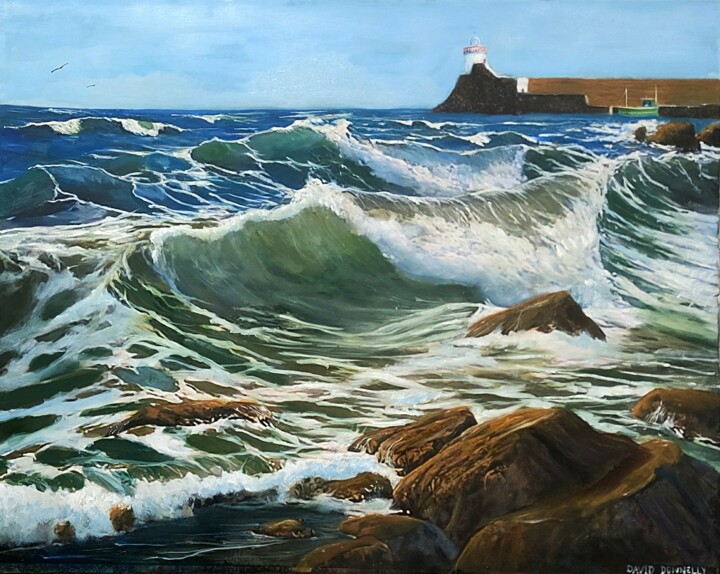 Pintura titulada "Stormy seas at Balb…" por David Donnelly, Obra de arte original, Oleo Montado en Panel de madera