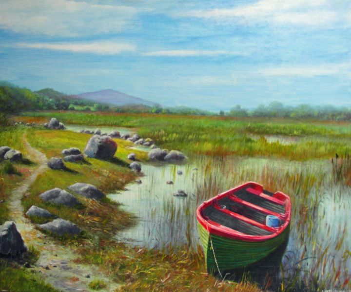 Pittura intitolato "Boat at Pontoon lak…" da David Donnelly, Opera d'arte originale, Acrilico