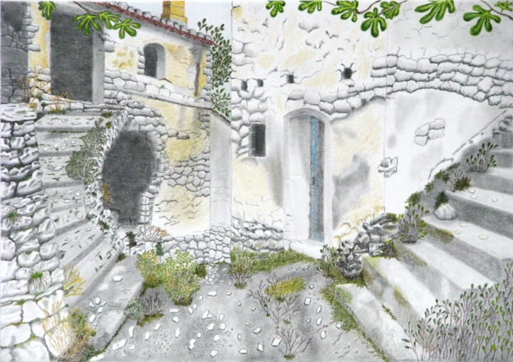 Drawing titled "Abandoned village" by Davide Novello, Original Artwork, Conté