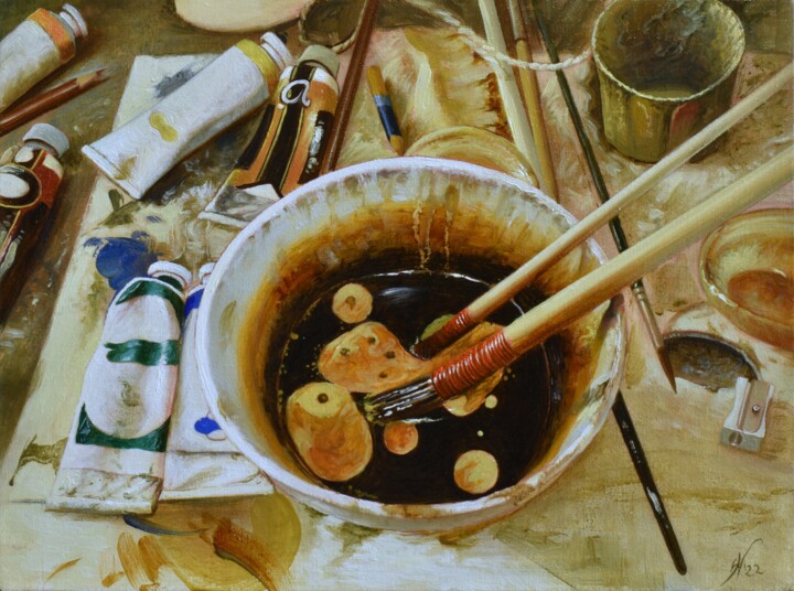 Painting titled "Tools" by Davide Nunziante, Original Artwork, Oil Mounted on Wood Stretcher frame