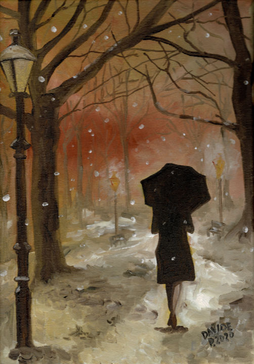 Pittura intitolato "Nevicata di sera al…" da Davide Pacini, Opera d'arte originale, Olio