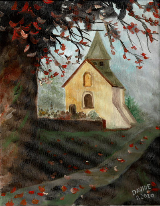 Pittura intitolato "La chiesa nel bosco" da Davide Pacini, Opera d'arte originale, Olio