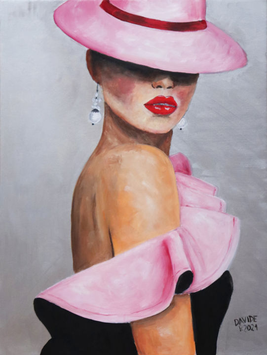 Картина под названием "Donna con cappello…" - Davide Pacini, Подлинное произведение искусства, Масло