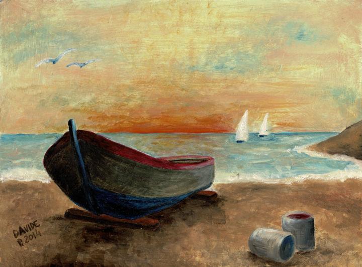 Painting titled "Tramonto con barca" by Davide Pacini, Original Artwork, Oil
