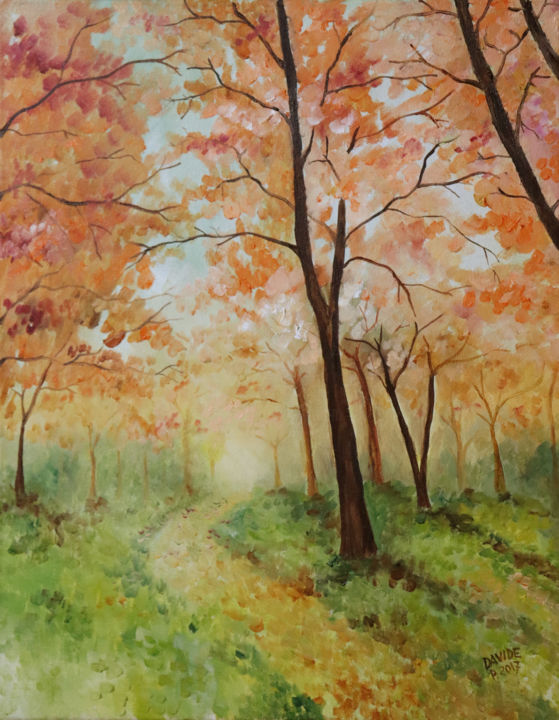 Pittura intitolato "bosco al mattino" da Davide Pacini, Opera d'arte originale, Olio
