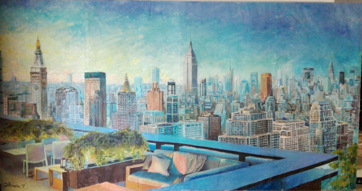 Painting titled "New York al tramonto" by Davide Rodoquino, Original Artwork, Oil Mounted on Wood Stretcher frame