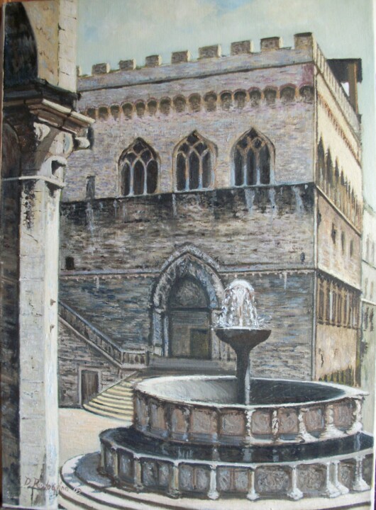 Painting titled "Perugia" by Davide Rodoquino, Original Artwork, Oil Mounted on Wood Stretcher frame