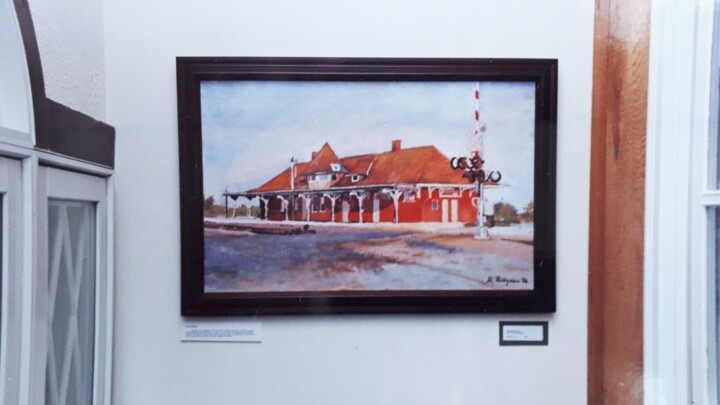 Painting titled "Train station" by Davide Rodoquino, Original Artwork, Oil Mounted on Wood Stretcher frame