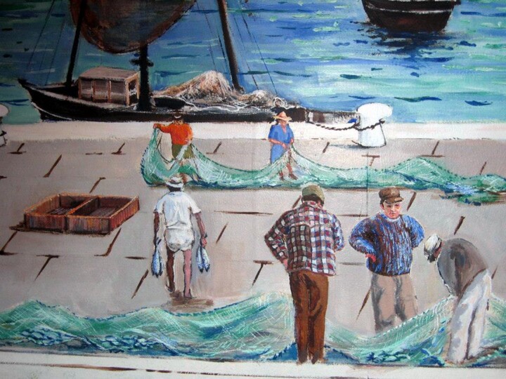 Painting titled "Fishermen in Italy" by Davide Rodoquino, Original Artwork, Acrylic