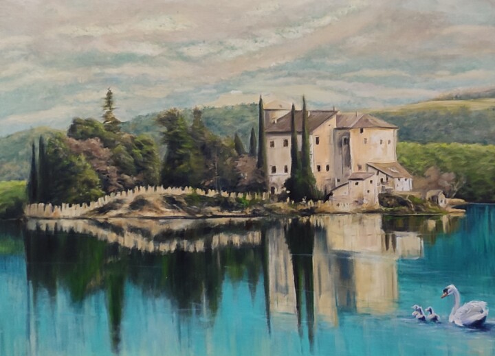 Painting titled "Lago di Toblino" by Davide Braito, Original Artwork, Oil