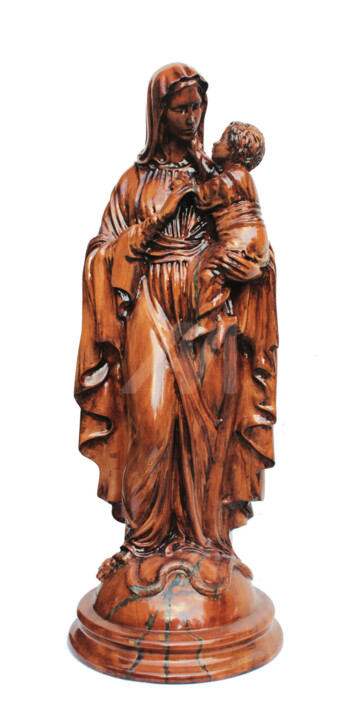 Escultura intitulada "Maria e menino Jesus" por David Guglielmoni, Obras de arte originais, Madeira
