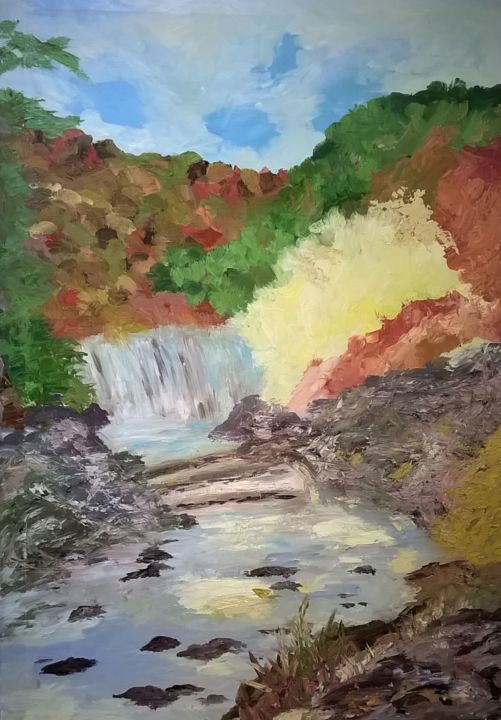 Painting titled "WATERFALL WITH MISTS" by David Cade, Original Artwork, Oil
