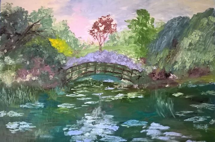 Painting titled "POND WITH BRIDGE" by David Cade, Original Artwork, Oil