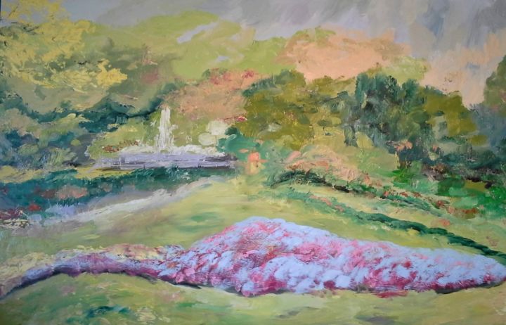 Painting titled "GARDEN WITH FOUNTAIN" by David Cade, Original Artwork, Oil