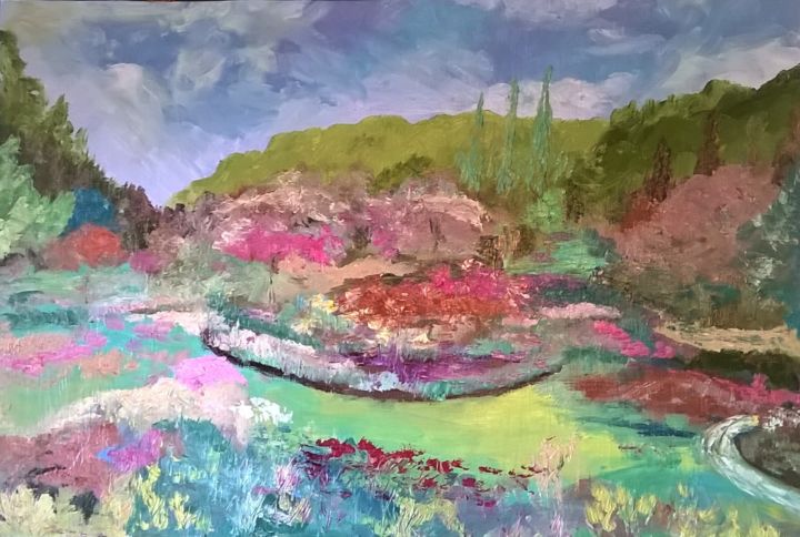 Painting titled "HILLSIDE GARDEN" by David Cade, Original Artwork, Oil